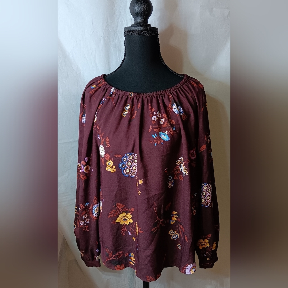 Ann Taylor Women’s Med Petite  Off-Shoulder Merlot W/Floral Print Long Slv Top